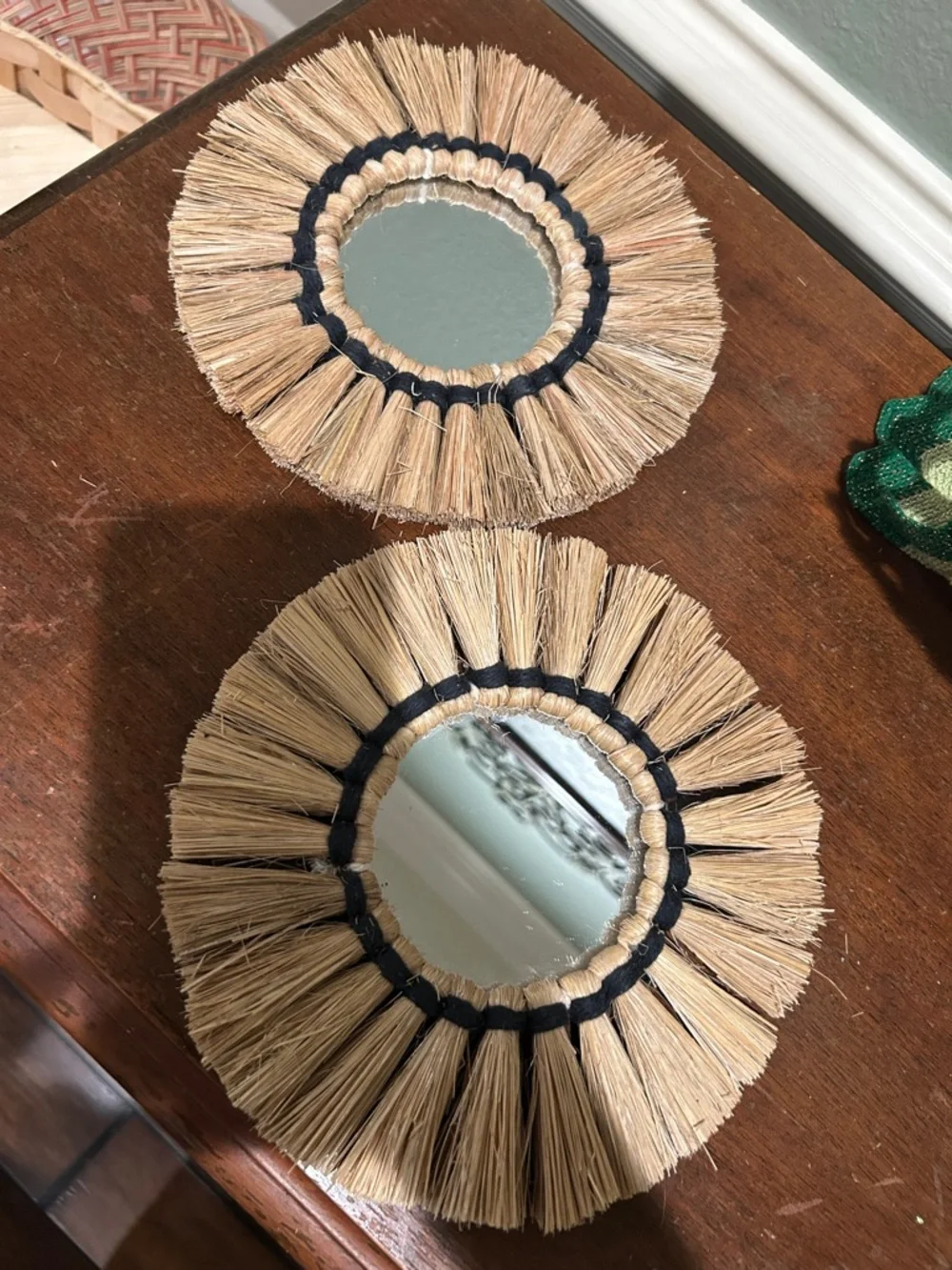 Natural Straw Fringe Round Wall Mirror - Black Accent